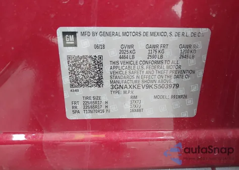 2019 Chevrolet Equinox Lt из США, поврежденный, VIN 3GNAXKEV9KS503979